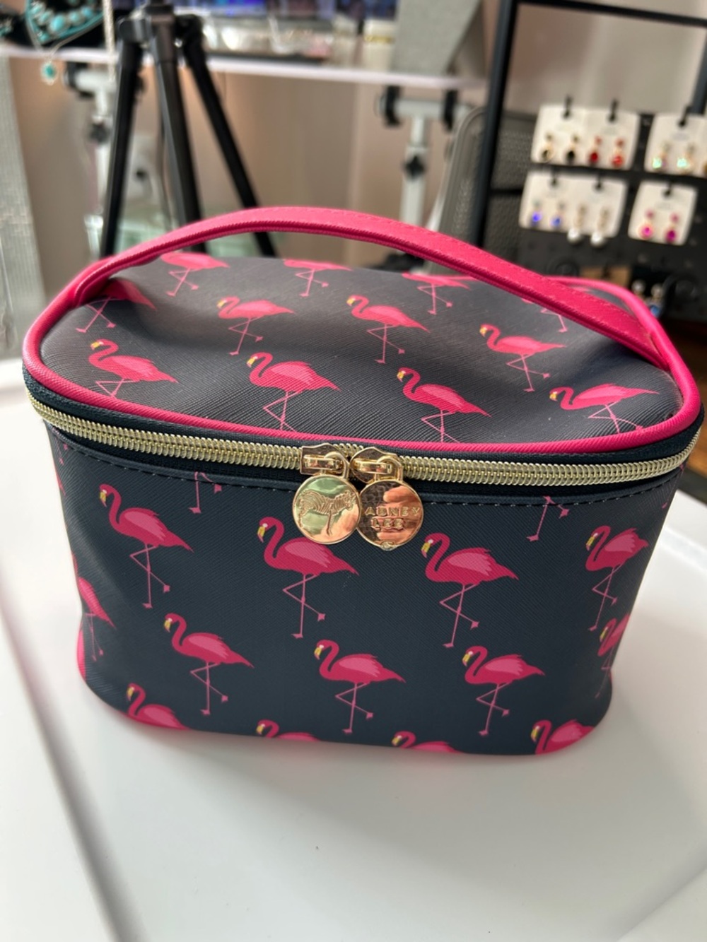 Dabney Lee - Pink Flamingo Print Cosmetic Case - Navy & Hot Pink
